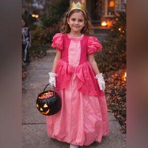 Super Mario Princess Peach Costume Girls Size 140 Pink Dress Halloween Cosplay